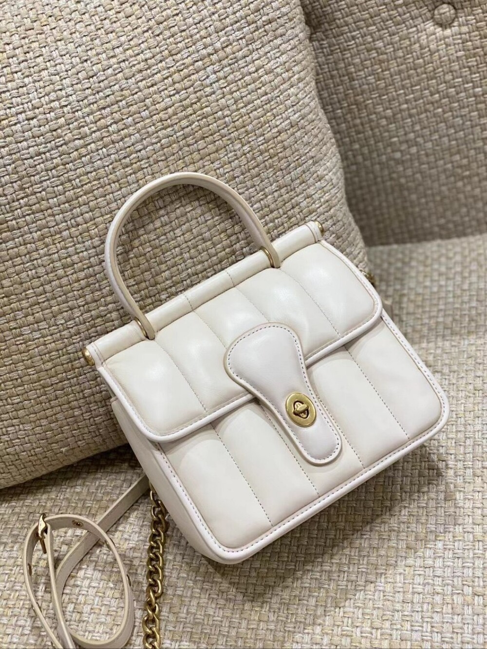 Coach Willis 18 Cream Quilted Top-Handle Satchel with Chain Strap